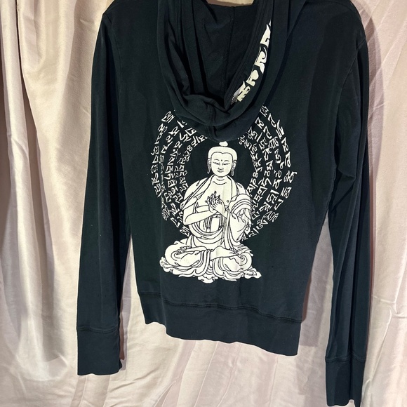 Black zip up hoodie with pockets and Buddha in white - Picture 4 of 6